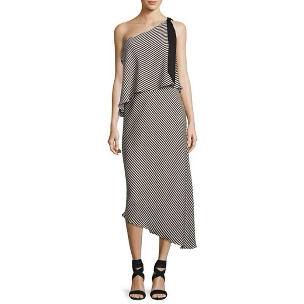 Halston Heritage Midi Dress Size Small Black White Striped Asymmetrical Cocktail